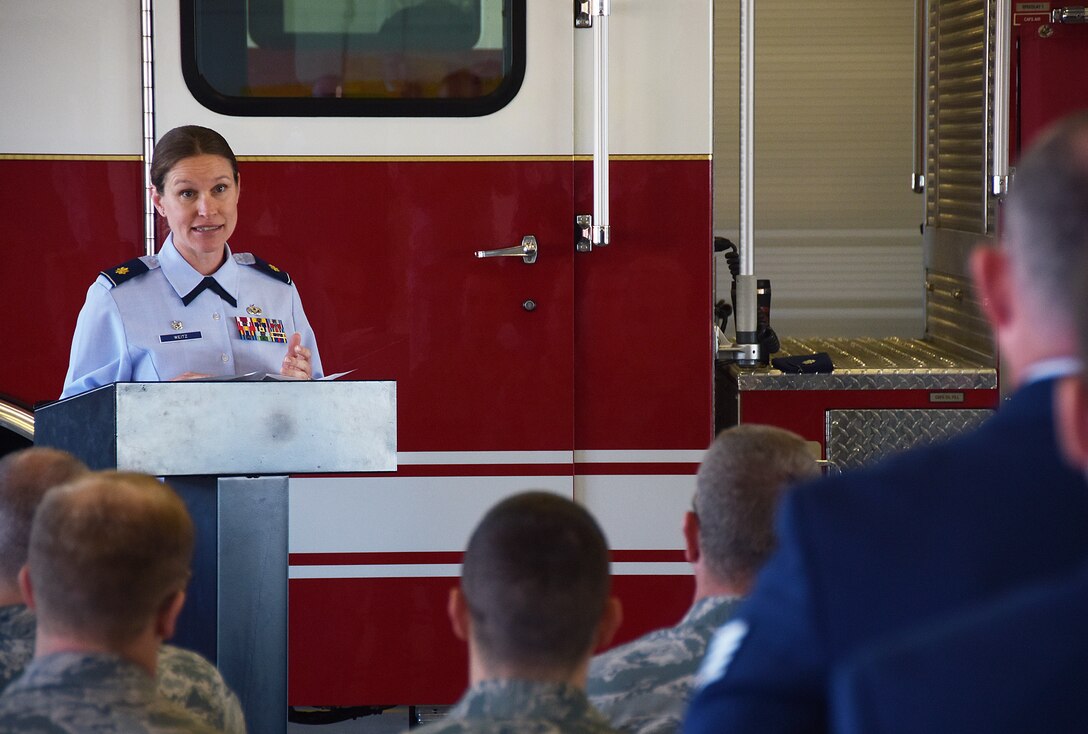 Maj. Michel Weitz, 178th Civil Engineer Squadron Commander speaks during her assumption of command of the CES at the Springfield Air National Guard, Oct. 16. (U.S. Air National Guard photo by 2d Lt. Lou Burton)