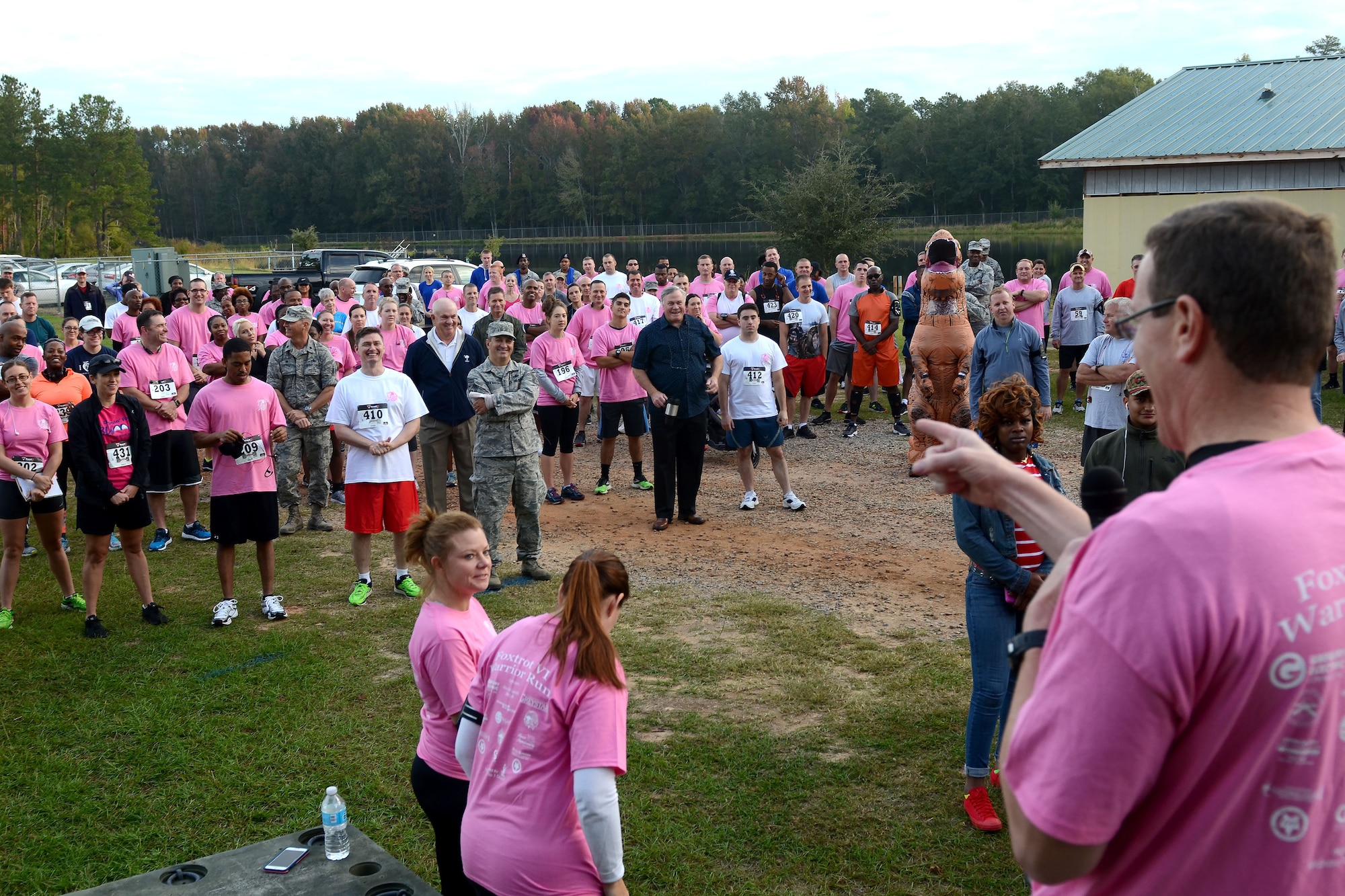 U.S. Air Force Col. Nick Gentile Jr., the commander of the 169th Fighter Wing, addresses Swamp Fox Airmen and the Porcher family before the 6th annual Foxtrot Warrior Run at McEntire Joint National Guard Base, S.C., Oct. 16, 2016.  The fundraiser event raised money for the Warm Heart Association to benefit Airman 1st Class Jamia Porcher, an aircraft electrician assigned to the 169th Maintenance Squadron, and other South Carolina Wounded Warrior charities. (U.S. Air National Guard photo by Senior Airman Ashleigh Pavelek)  