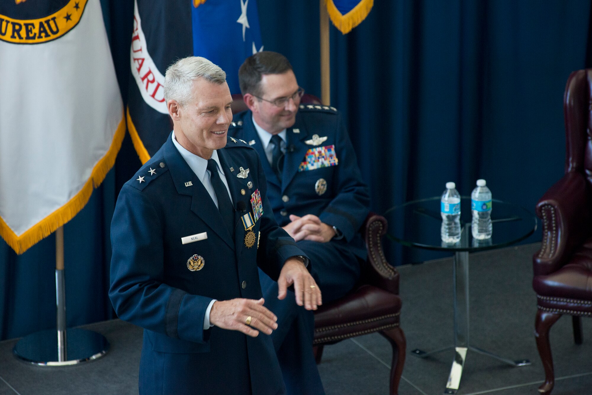 Maj. Gen. Brian G. Neal, deputy director of the Air National Guard delivers remarks during his retirement ceremony October 14, 2016 at the ANG Readiness Center on Joint Base Andrews, Md. Neal served 34 years in uniform in the Air National Guard and regular Air Force. (U.S. Air National Guard photo by Staff Sgt. John E. Hillier)