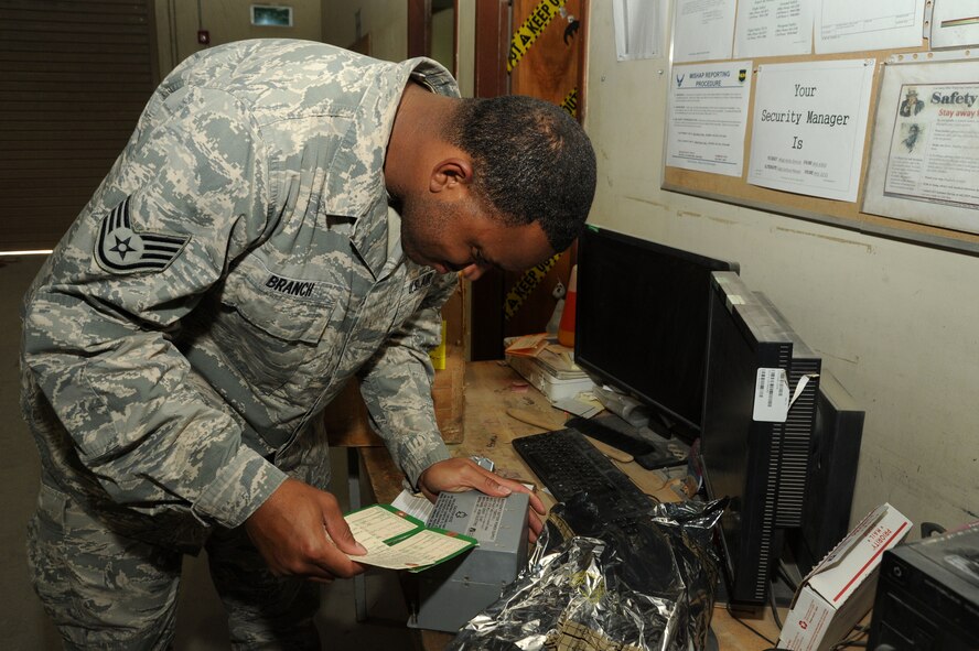 Staff Sgt. Terrance Branch, 386th Expeditionary Logistics Readiness Squadron materiel management journeyman, verifies a serial number on an aircraft part Oct. 13, 2016 at an undisclosed location in Southwest Asia. The aircraft parts store is responsible for stocking and issuing weapon system spares to aircraft maintainers and coordinating with the states to send back broken parts that need fixed. (U.S. Air Force photo/Senior Airman Zachary Kee)