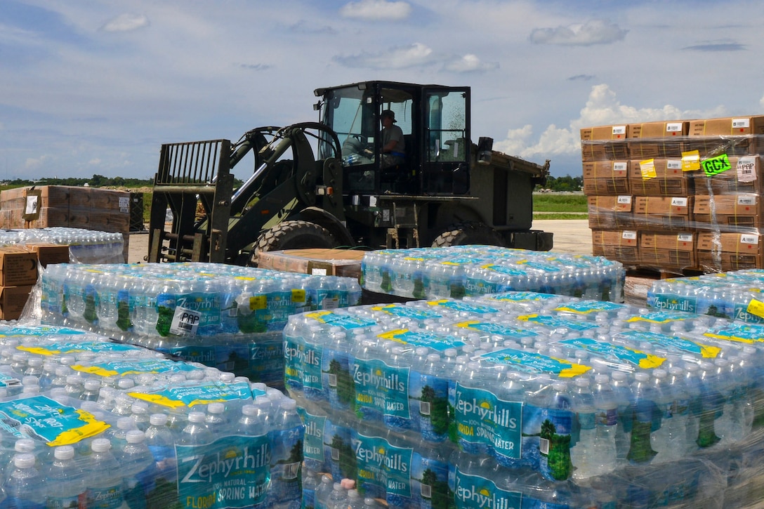 Supplies are prepared for delivery outside Joint Task Force Matthew Headquarters at Toussaint Louveture International Airport in Port-au-Prince, Haiti, Oct. 17, 2016. Joint Task Force Matthew is providing disaster relief and humanitarian aid to Haiti following Hurricane Matthew. Navy photo by Petty Officer 3rd Class Jess E. Toner