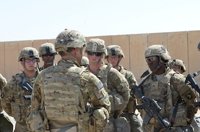 Lt. Gen. Stephen J. Townsend, commander Combined Joint Task Force Operation Inherent Resolve, visits Task Force Strike, 101st Airborne Division (Air Assault) at Qayyarah West Airfield, Iraq. Coalition troops arrived to Qayyarah West Airfield to enable the Iraqi Security Forces to defeat Da'esh by providing logistical, engineering and artillery fires in support of the liberation of Mosul. The mission of Operation Inherent Resolve is to defeat Da’esh (an Arabic acronym for ISIL) in Iraq and Syria by supporting the Government of Iraq with trainers, advisors and fire support, to include aerial strikes and artillery fire. (USMC photo by Capt. Ryan E. Alvis/Released)