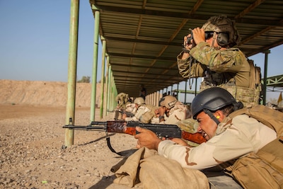 Iraqi soldier, assigned to 3rd Iraqi Army Brigade, zeros his AK-47 rifle at Camp Taji, Iraq, Oct. 8, 2016. Coalition forces regularly train Iraqi soldiers on marksmanship skills which enable more effective and accurate shooting. This training is part of the overall Combined Joint Task Force – Operation Inherent Resolve building partner capacity mission to increase the security capacity of Iraqi security forces fighting the Islamic State of Iraq and the Levant. (U.S. Army photo by Sgt. Joshua Wooten)