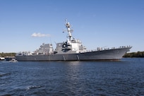 BATH, Maine (October 18, 2016) – The future USS Rafael Peralta (DDG 115) sets sail for the first time to conduct initial at-sea builder's trials off the coast of Maine.