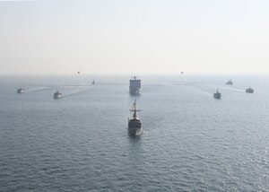 161019-N-XP344-414 ARABIAN GULF (Oct. 19, 2016) U.S. Navy mine countermeasures (MCM) ships USS Devastator (MCM 6), USS Gladiator (MCM 11) and USS Dextrous (MCM 13) steam in formation with Royal navy ships RFA Lyme Bay (L 3007), HMS Middleton (M34), HMS Chiddingfold (M37), HMS Penzance (M106) and HMS Bangor (M109) with two MH-53 helicopters from HM-15 Detachment Two during U.S.-UK Mine Countermeasures Exercise 17-1. The bilateral exercise serves to enhance cooperation, mutual MCM capabilities and interoperability between the U.S. and UK Naval forces in ensuring free flow of commerce, freedom of navigation and long-term regional security. 
