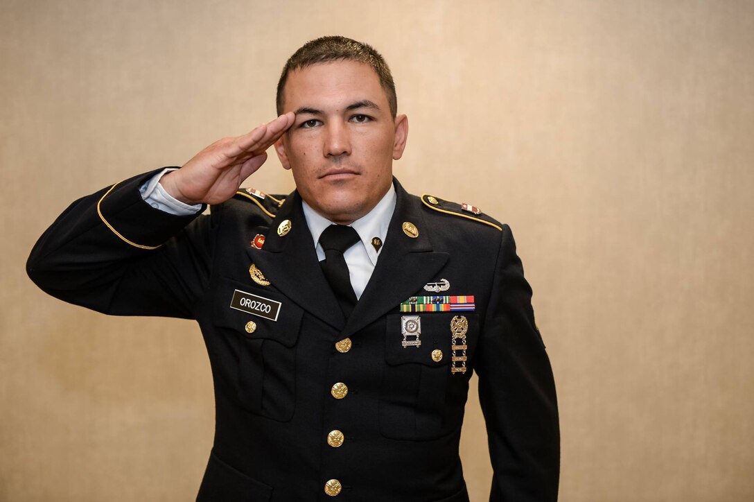 U.S. Army Spc. Michael S. Orozco renders a salute during the 2016 Best Warrior Competition Board for Soldier of the Year at the Pentagon Conference Center, in Arlington, Va., Sept. 30, 2016. (U.S. Army photo by Sgt. Alicia Brand/Released).