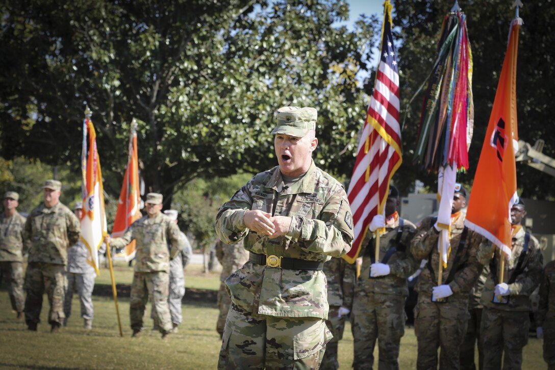 Brig. Gen. Christopher R. Kemp, former commander, 335th Signal Command (Theater) address the crowd during a change of command ceremony at Fort McPherson, Georgia Oct. 15.  During the ceremony Kemp passed command to Maj. Gen. Peter A. Bosse.