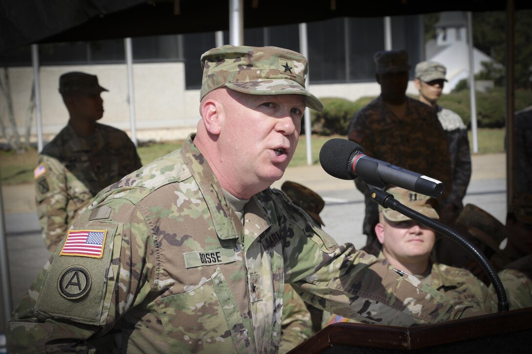 Brig. Gen. (Promotable) Peter A. Bosse, introduces himself during the 335th Signal Command's (Theater) change of command held at Fort McPherson, Georgia Oct. 15.  During the ceremony Brig. Gen. Christopher R. Kemp, former commander of the 335th SC (T), officially transferred command authority to Bosse.