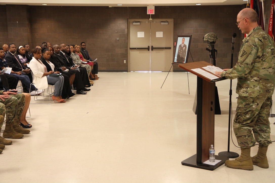 Maj. Gen. William Lee delivers encouraging remarks during the memorial ceremony held in honor of Master Sgt. Steven Graham while 3d MCDS Soldiers, families and friends mourn the loss of a great Soldier, Oct. 15, 2016.  Photo captured by Maj. Satomi Mack-Martin.