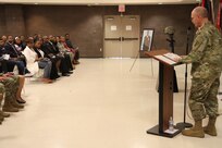 Maj. Gen. William Lee delivers encouraging remarks during the memorial ceremony held in honor of Master Sgt. Steven Graham while 3d MCDS Soldiers, families and friends mourn the loss of a great Soldier, Oct. 15, 2016.  Photo captured by Maj. Satomi Mack-Martin.