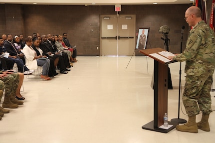 Maj. Gen. William Lee delivers encouraging remarks during the memorial ceremony held in honor of Master Sgt. Steven Graham while 3d MCDS Soldiers, families and friends mourn the loss of a great Soldier, Oct. 15, 2016.  Photo captured by Maj. Satomi Mack-Martin.