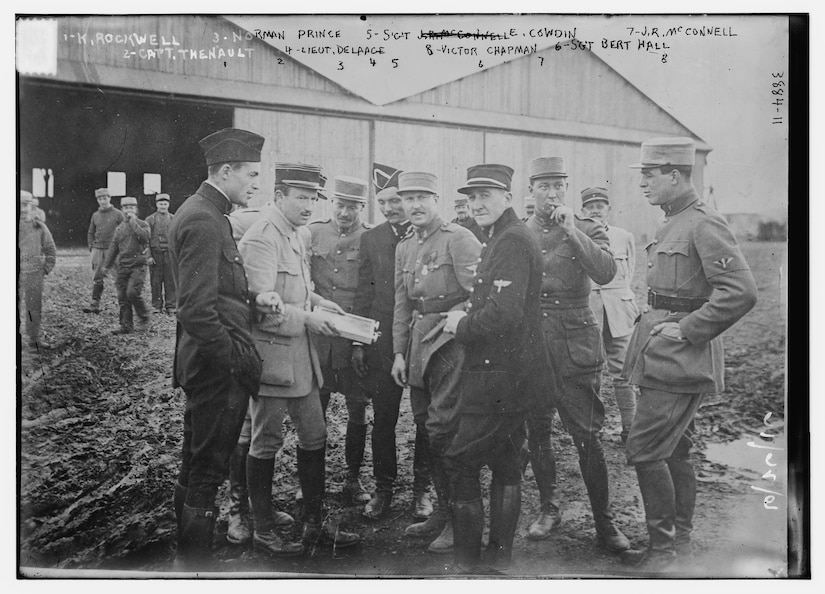 Members of the Lafayette Escadrille hold a mission briefing in France, June 26, 1916. From left, Kiffin Yates Rockwell (1892-1916); Lt. Col. Georges Thenault, commander of the Lafayette Escadrille; Norman Prince (1887-1916); Lt. Alfred de Laage de Meux; Sgt. Elliot Cowdin; Sgt. Weston Birch "Bert" Hall; James Rogers McConnell (1887-1917); and Victor Chapman. Library of Congress photo