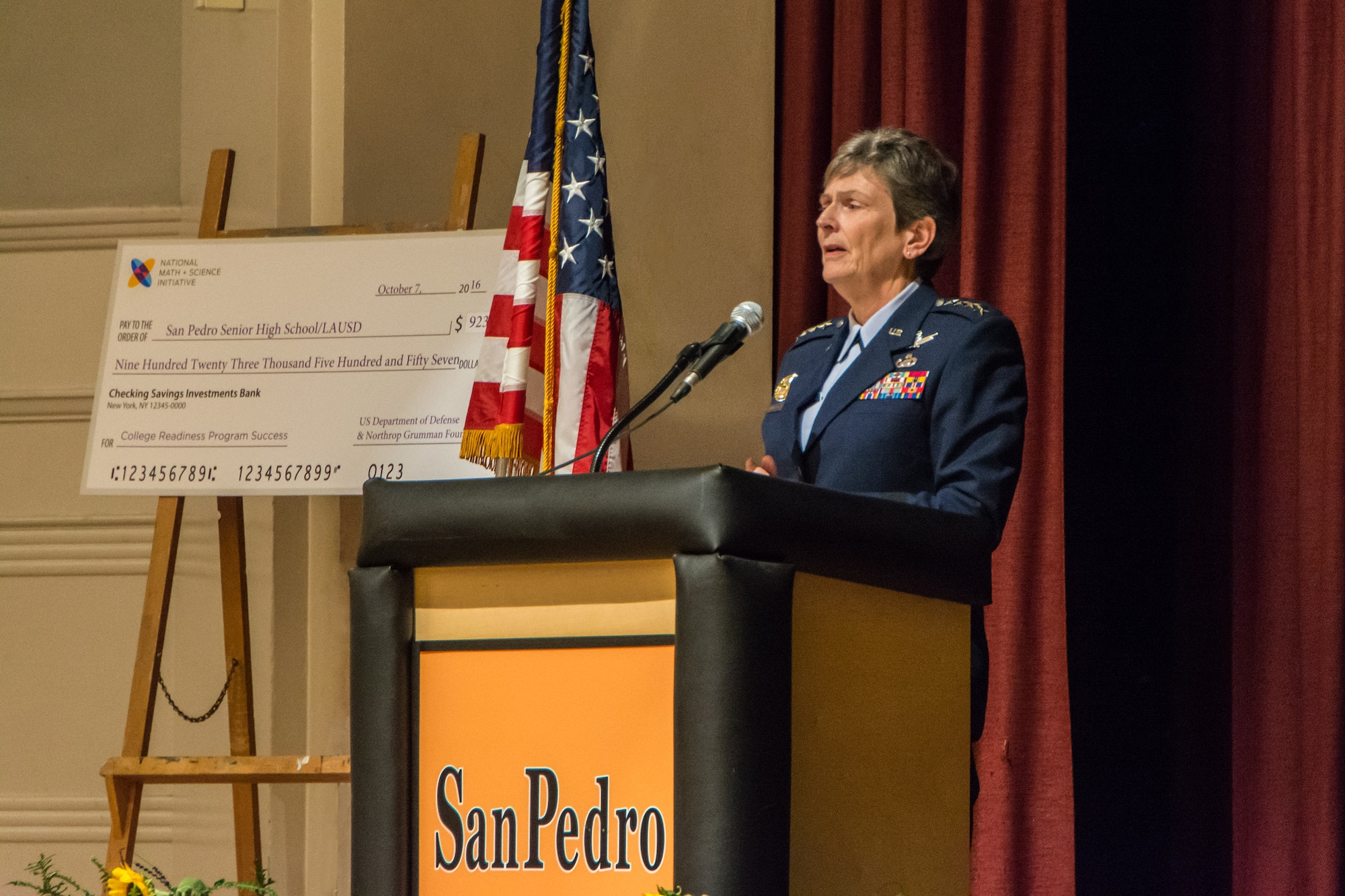 Air Force Materiel Command Commander Gen. Ellen M. Pawlikowski speaks to students at San Pedro High School Oct. 7, 2016, during the school's kickoff of the National Math and Science College Readiness Program. The general visited the school as part of the program's launch, which focuses on science, technology, engineering and mathematics classes. (Courtesy photo)



