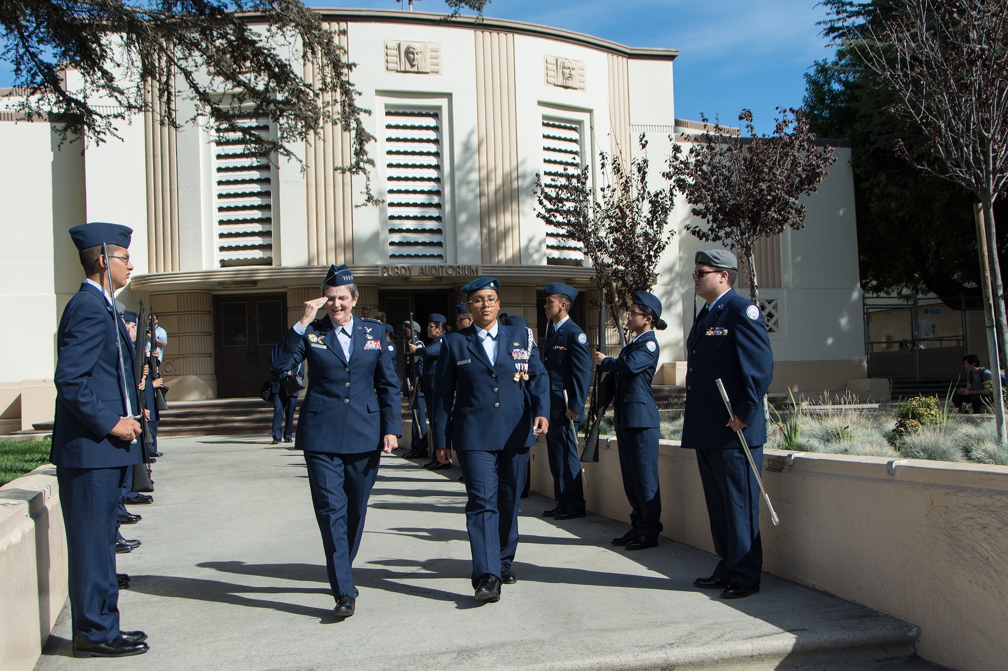 Air Force Materiel Command Commander Gen. Ellen M. Pawlikowski visits with Air Force Junior ROTC Unit CA-956 during her visit to San Pedro High School in Los Angeles, Oct. 7, 2016. The general delivered the keynote speech at the school's kickoff of the National Math and Science Initiative's College Readiness Program. The program focuses on science, technology, engineering and mathematics classes. (Courtesy photo)