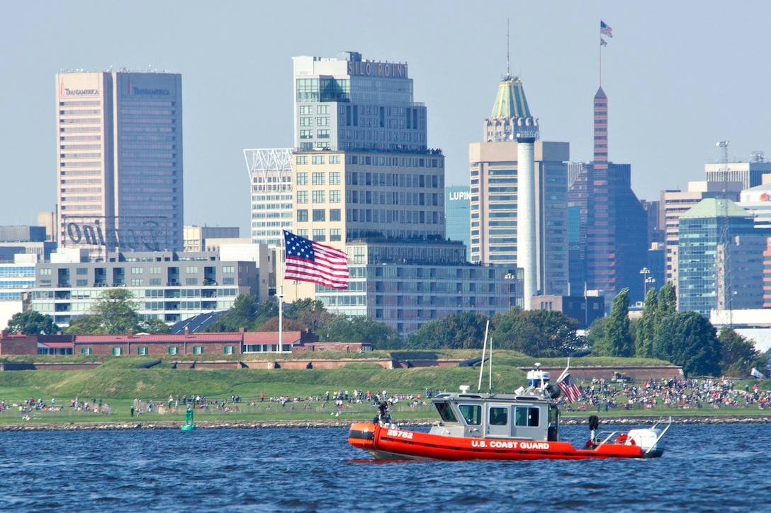 A Coast Guard 25-foot Response Boat-Small takes part in security duties for Maryland Fleet Week and Air Show in Baltimore, Oct. 16, 2016. Coast Guard photo by Petty Officer 2nd Class Lisa Ferdinando