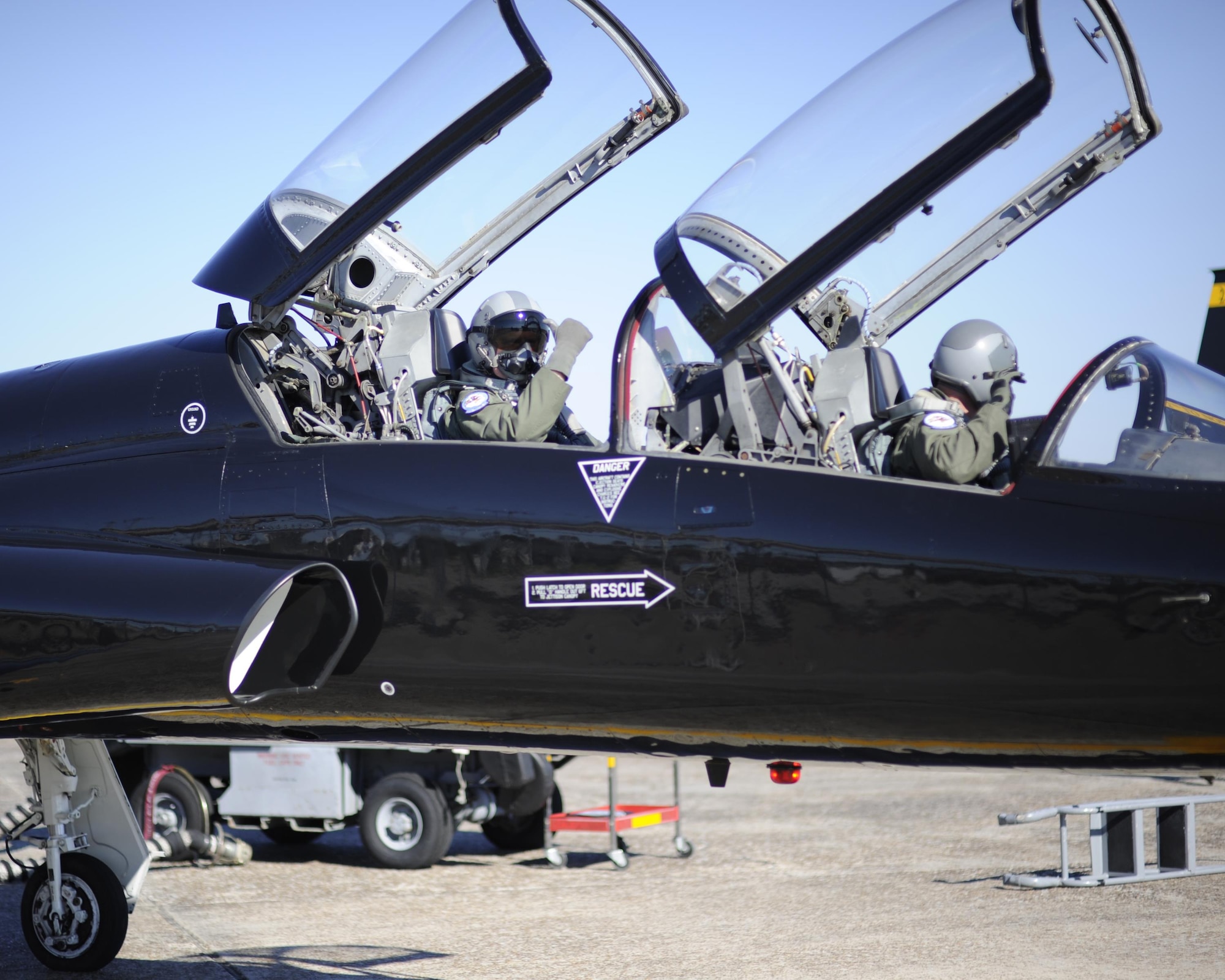 Maj. Gen. Richard Scobee, Tenth Air Force commander, prepares to fly in a T-38 Talon to experience the adversary air mission of the 301st Fighter Squadron Oct. 1, 2016 at Tyndall Air Force Base, Fla. Lt. Col. Phillip Gilcreast, a 301 FS pilot, flew with the commander.  (U.S. Air Force photo by Senior Airman Solomon Cook)