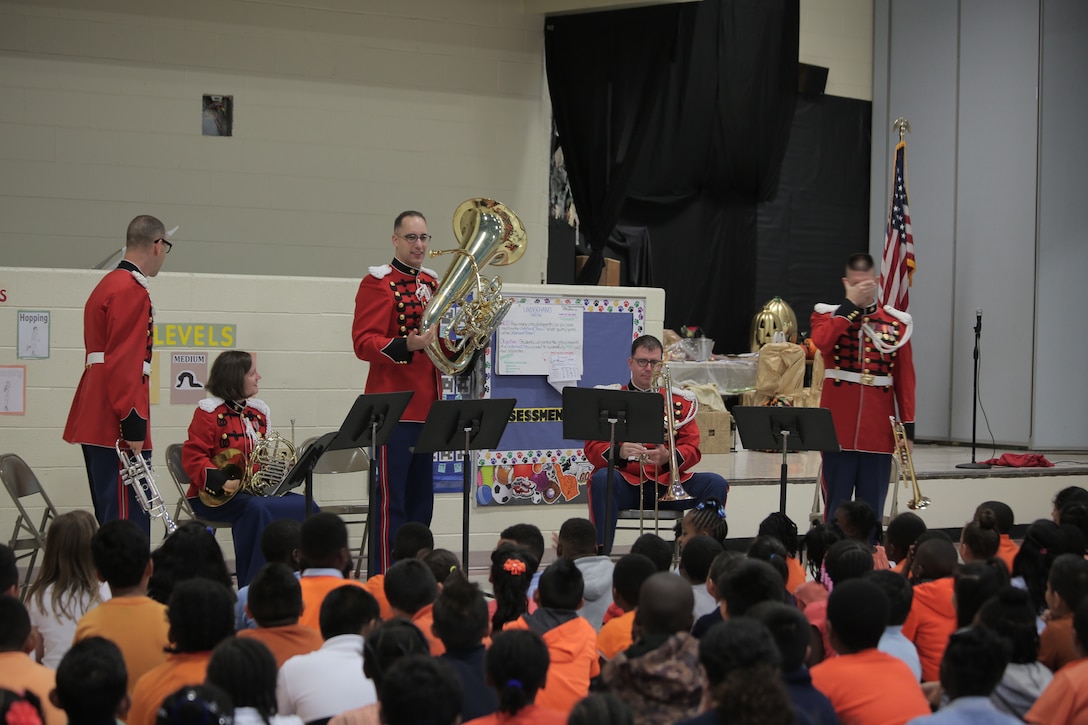 On Oct. 19, 2016, a brass quintet from "The President's Own" performed a Music in the Schools program at Spellman Elementary School in Cheverly, Md. (U.S. Marine Corps photo by Master Sgt. Kristin duBois/released)
