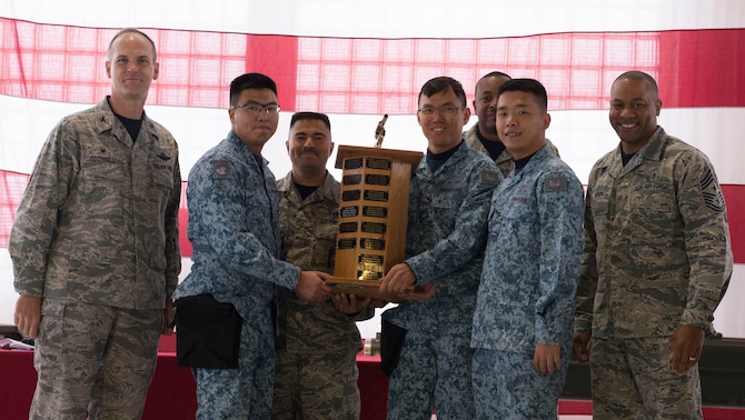 366th Fighter Wing commander Col. Jefferson O'Donnell presents 428th Aircraft Maintenance Unit flight line crew members with the 1st place load competition trophy Oct. 14, 2016, at Mountain Home Air Force Base, Idaho. The 428th Fighter Squadron has been participating in the quarterly event since 2009. (U.S. Air Force photo by Airman Jeremy D. Wolff/Released)