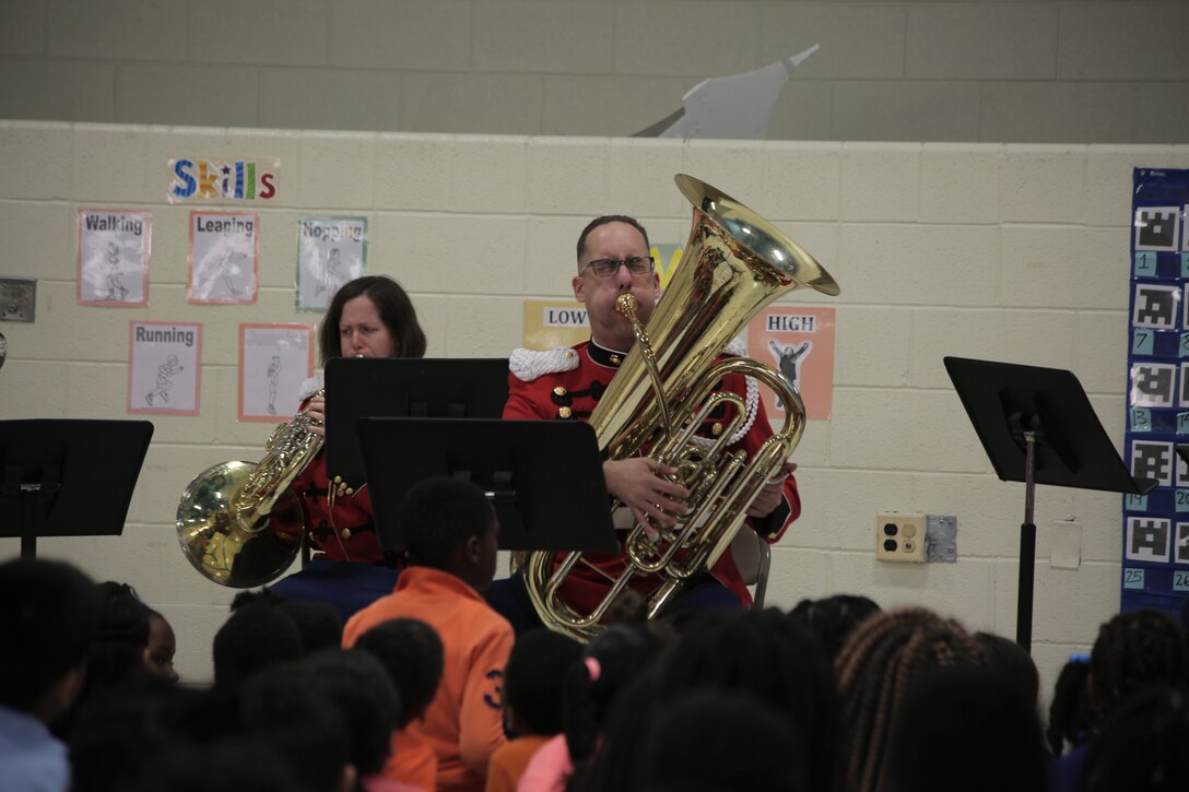 On Oct. 19, 2016, a brass quintet from "The President's Own" performed a Music in the Schools program at Spellman Elementary School in Cheverly, Md. (U.S. Marine Corps photo by Master Sgt. Kristin duBois/released)