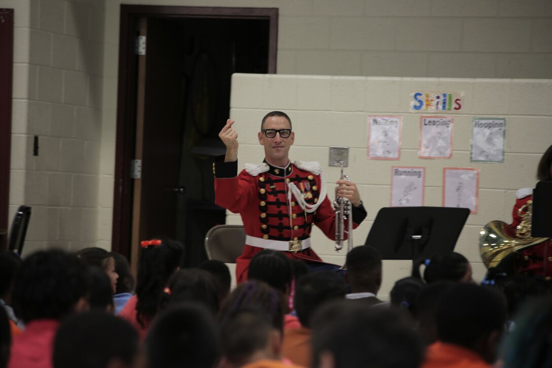 On Oct. 19, 2016, a brass quintet from "The President's Own" performed a Music in the Schools program at Spellman Elementary School in Cheverly, Md. (U.S. Marine Corps photo by Master Sgt. Kristin duBois/released)
