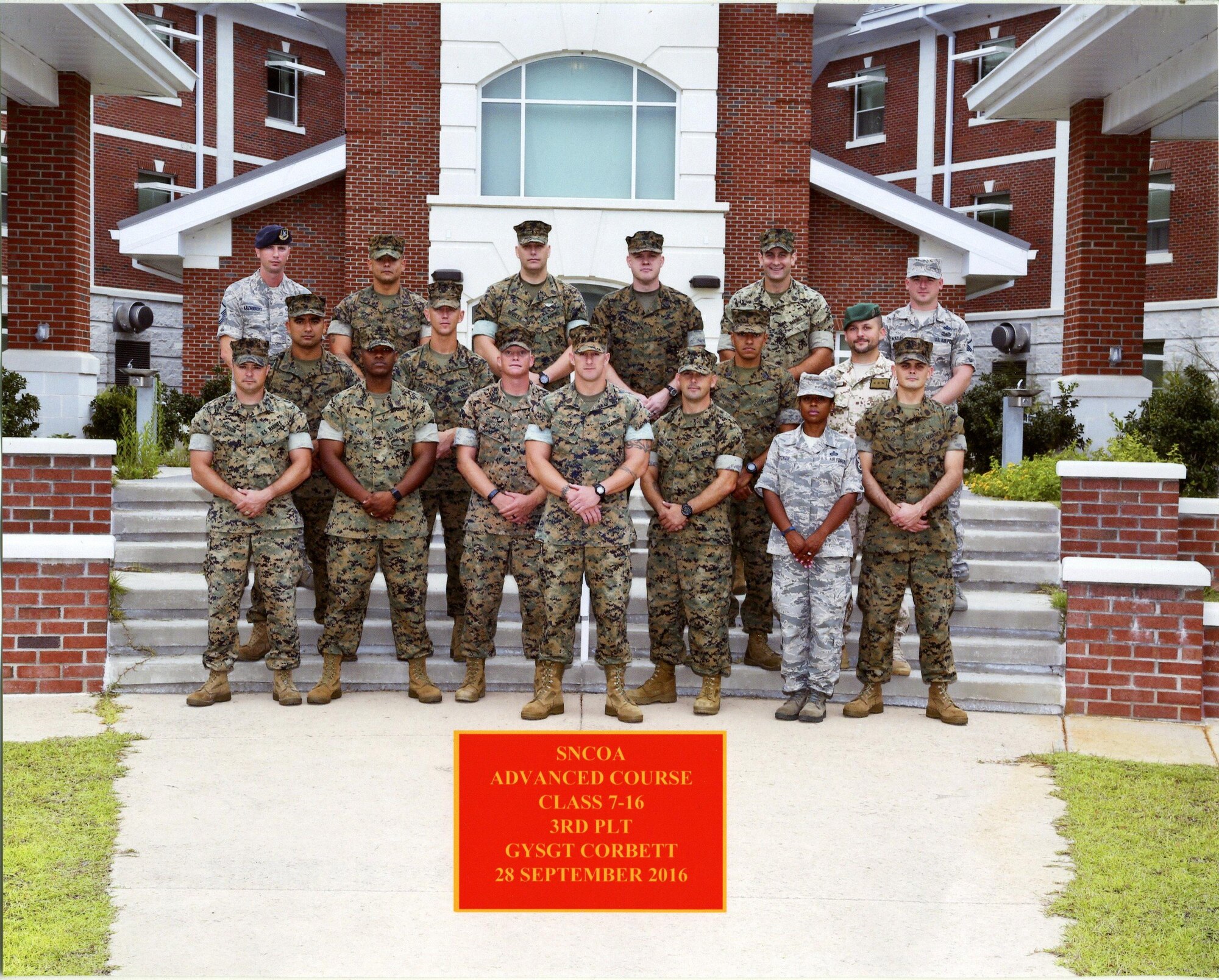 Master Sgt. Daniel Magas (top right) stands for a photo with the rest of his platoon at the U.S. Marine Corps Senior Noncommissioned Officer Academy Advanced Course Sept. 28 at Camp Lejeune, North Carolina. (USMC Courtesy photo)