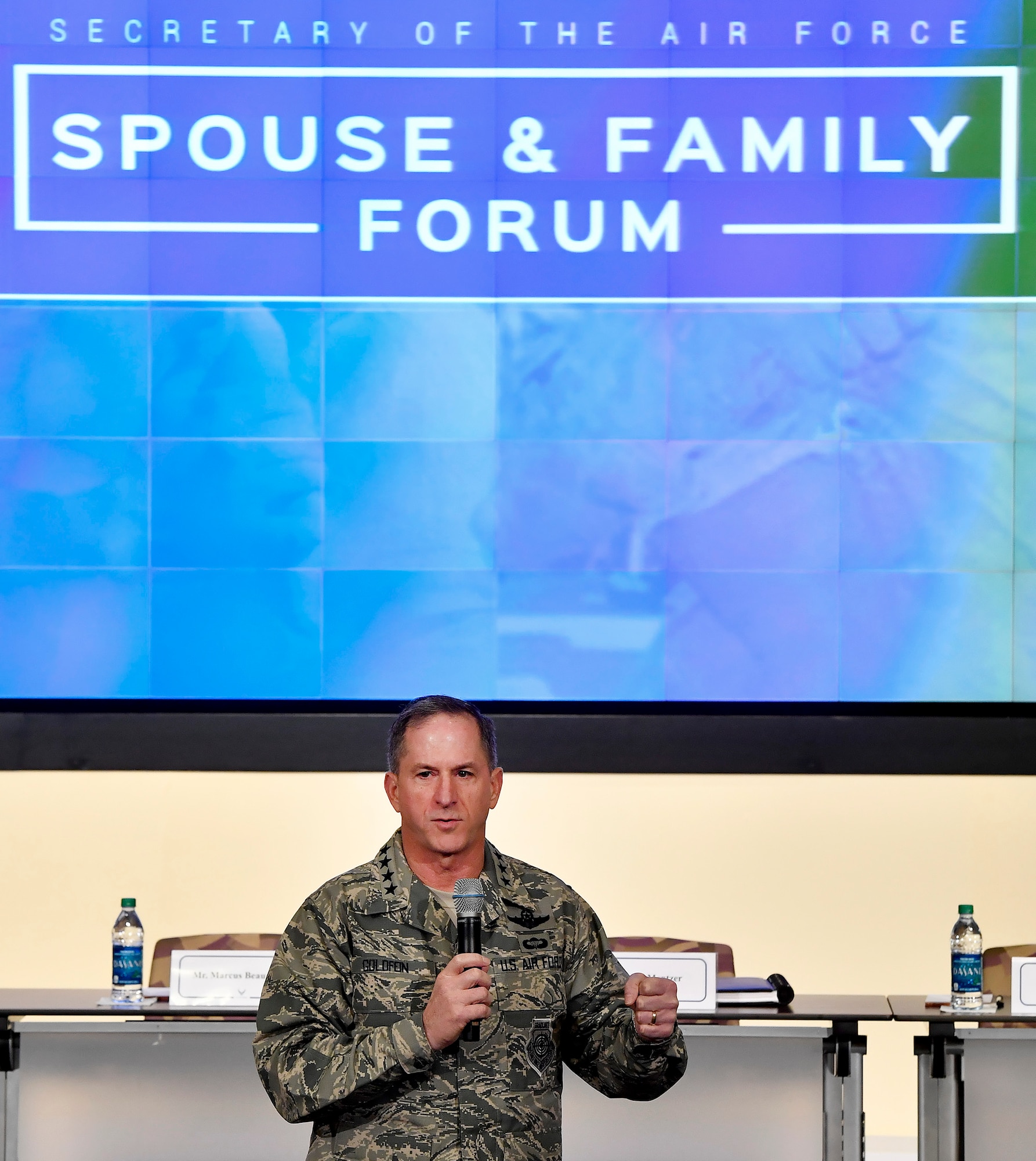Air Force Chief of Staff Gen. David L. Goldfein speaks to attendees of the Secretary of the Air Force Spouse and Family Forum at Joint Base Andrews, Md., Oct. 19, 2016. (U.S. Air Force photo/Scott M. Ash)