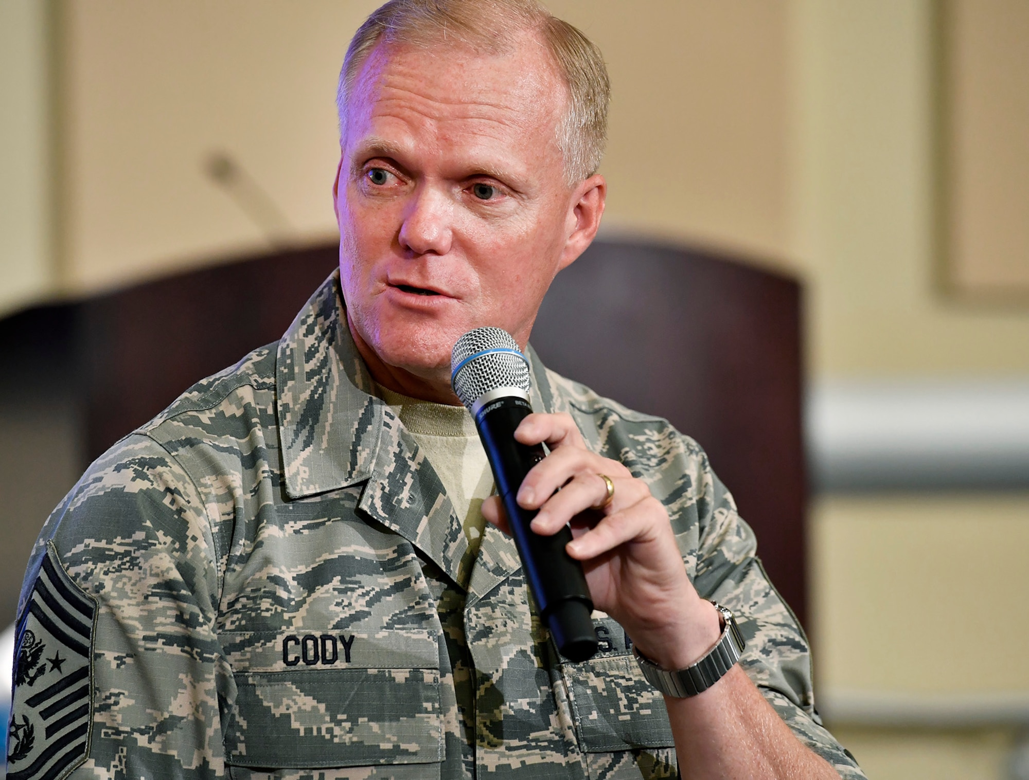 Chief Master Sgt. of the Air Force James A. Cody gives the enlisted leadership perspective during the Secretary of the Air Force Spouse and Family Forum at Joint Base Andrews, Md., Oct. 19, 2016. (U.S. Air Force photo/Scott M. Ash)