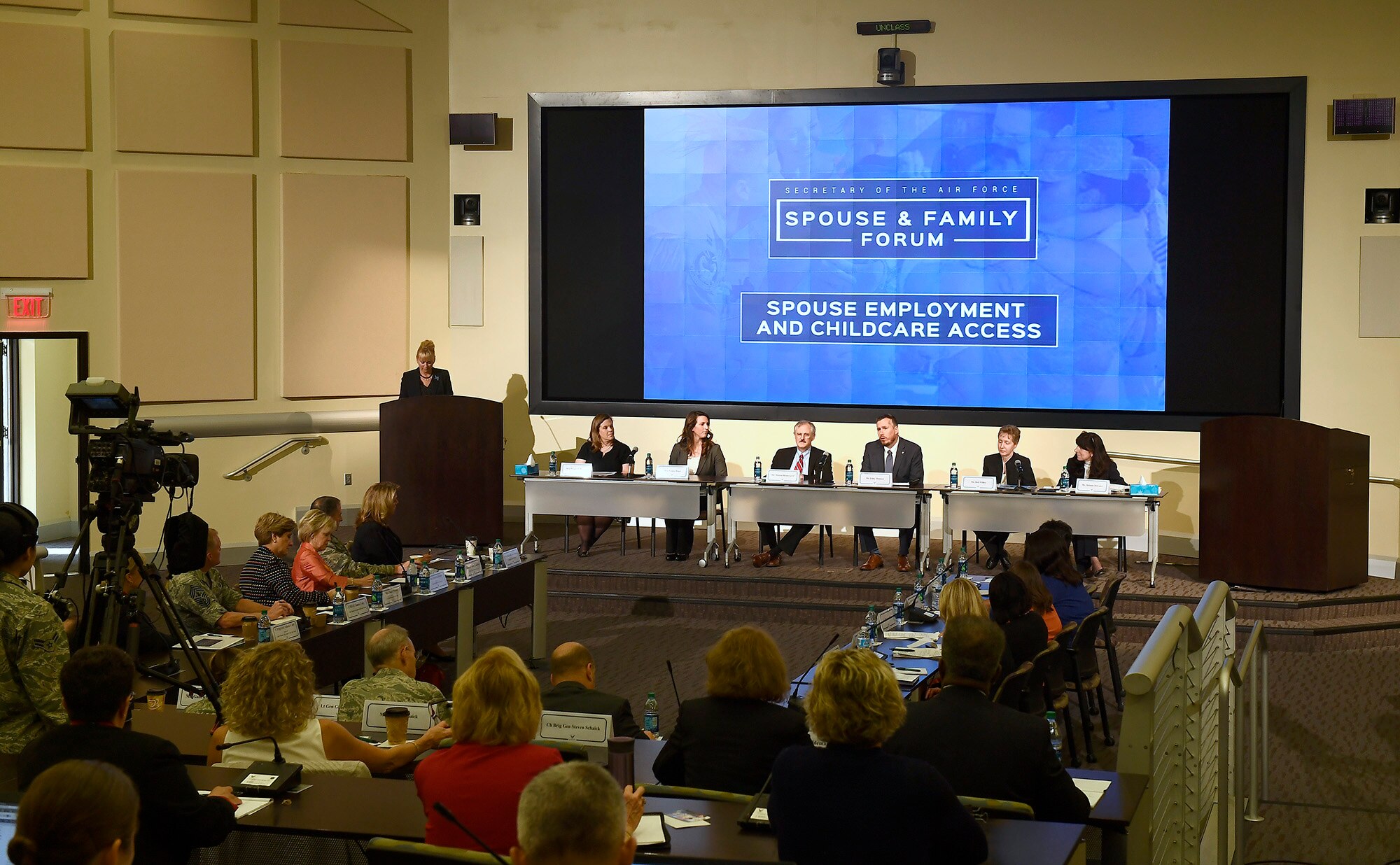 Michelle Padgett, from the office of the Air Force chief of staff, moderates a panel discussion during the Secretary of the Air Force Spouse and Family Forum at Joint Base Andrews, Md., Oct. 19, 2016. (U.S. Air Force photo/Scott M. Ash)
