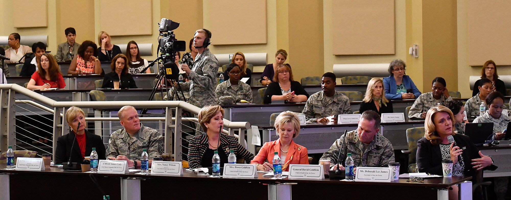 Secretary of the Air Force Deborah Lee James asks a question during a panel discussion at the Secretary of the Air Force Spouse and Family Forum at Joint Base Andrews, Md., Oct. 19, 2016. (U.S. Air Force photo/Scott M. Ash)