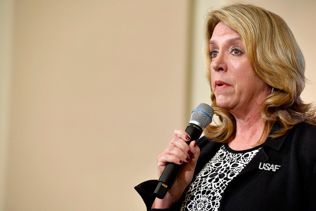 Secretary of the Air Force Deborah Lee James makes opening remarks while hosting the Secretary of the Air Force Spouse and Family Forum at Joint Base Andrews, Md., Oct. 19, 2016. (U.S. Air Force photo/Scott M. Ash)