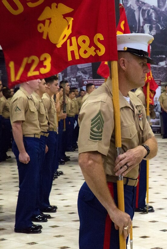 1st Sgt. James Davis, company first sergeant for 1st Battalion, 23rd Marine Regiment, 4th Marine Division, participates in a battle streamer re-dedication ceremony, Oct. 16, 2016. Established in November of 1942, 1/23 has participated in numerous campaigns. With the ceremony, 1/23 reflects on its history and passes on its lineage to the younger Marines in the battalion. (U.S. Marine Corps photo by Lance Cpl. Dallas Johnson/Released)