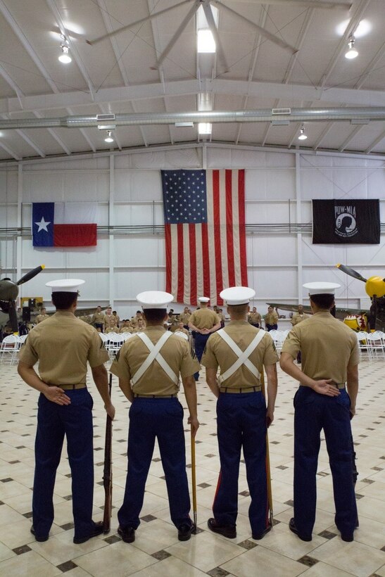 The 1st Battalion, 23rd Marine Regiment, 4th Marine Division, Color Guard stands at parade rest in anticipation for the Battle Streamer Rededication Ceremony, Oct. 16, 2016. After their formation in 1942, 1/23 fought in numerous battles during World War II and participated in the Gulf War, as well as the Global War on Terror. (U.S. Marine Corps photo by Lance Cpl. Dallas Johnson/Released)