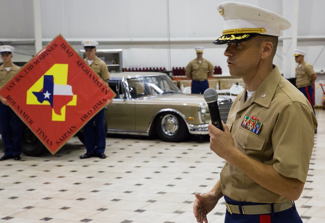 Lt. Col. John D. Cowart, commanding officer of 1st Battalion, 23rd Marines, 4th Marine Division, speaks to his Marines, Oct. 16, 2016. Established in November of 1942, 1/23 has participated in numerous campaigns. With the Battle Streamer Rededication Ceremony, 1/23 is acknowledging the campaigns that took place in Iraq and Afghanistan. (U.S. Marine Corps photo by Lance Cpl. Dallas Johnson/Released)