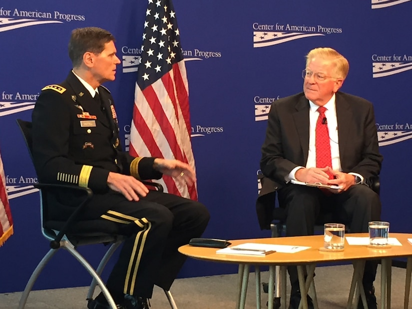 Army Gen. Joseph L. Votel, commander of U.S. Central Command, discusses the strategy to counter the Islamic State of Iraq and the Levant and other regional issues with former Deputy Defense Secretary Rudy DeLeon at the Center for American Progress in Washington, Oct. 19, 2016. DoD photo by Jim Garamone