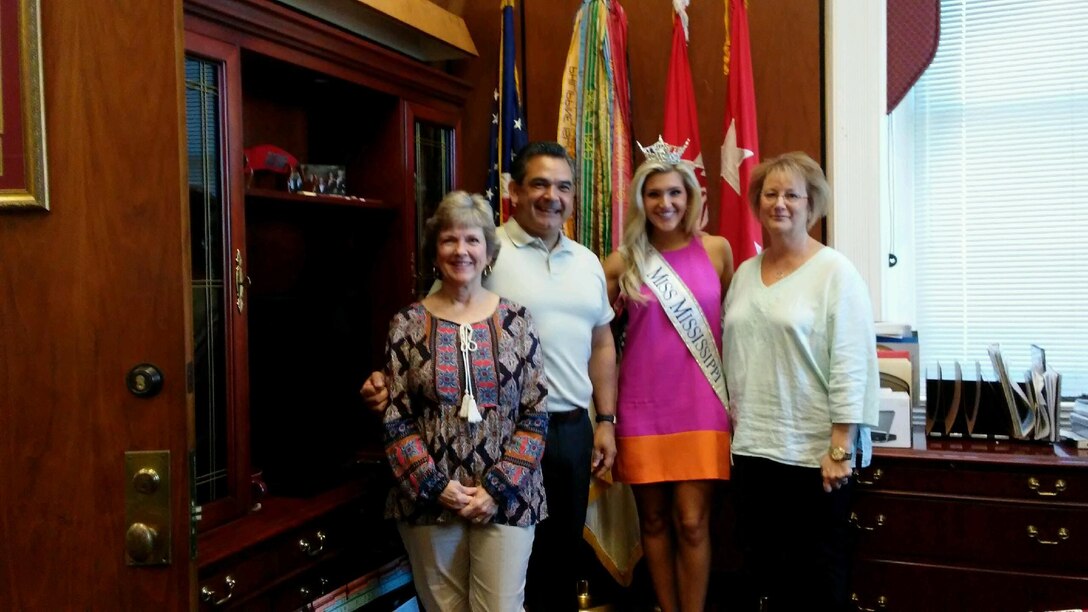 Miss Mississippi, Laura Lee Lewis, visited MVD late September. Lewis is from Brookhaven, Mississippi. She was crowned in Vicksburg, Mississippi in July. Picture here left to right are: Patti Beard, Executive Secretary MVD, Chuck Camillo, Executive Director, Mississippi River Commission, Miss Mississippi, Laura Lee Lewis, and Edie Wittington MRC Administrative Officer.