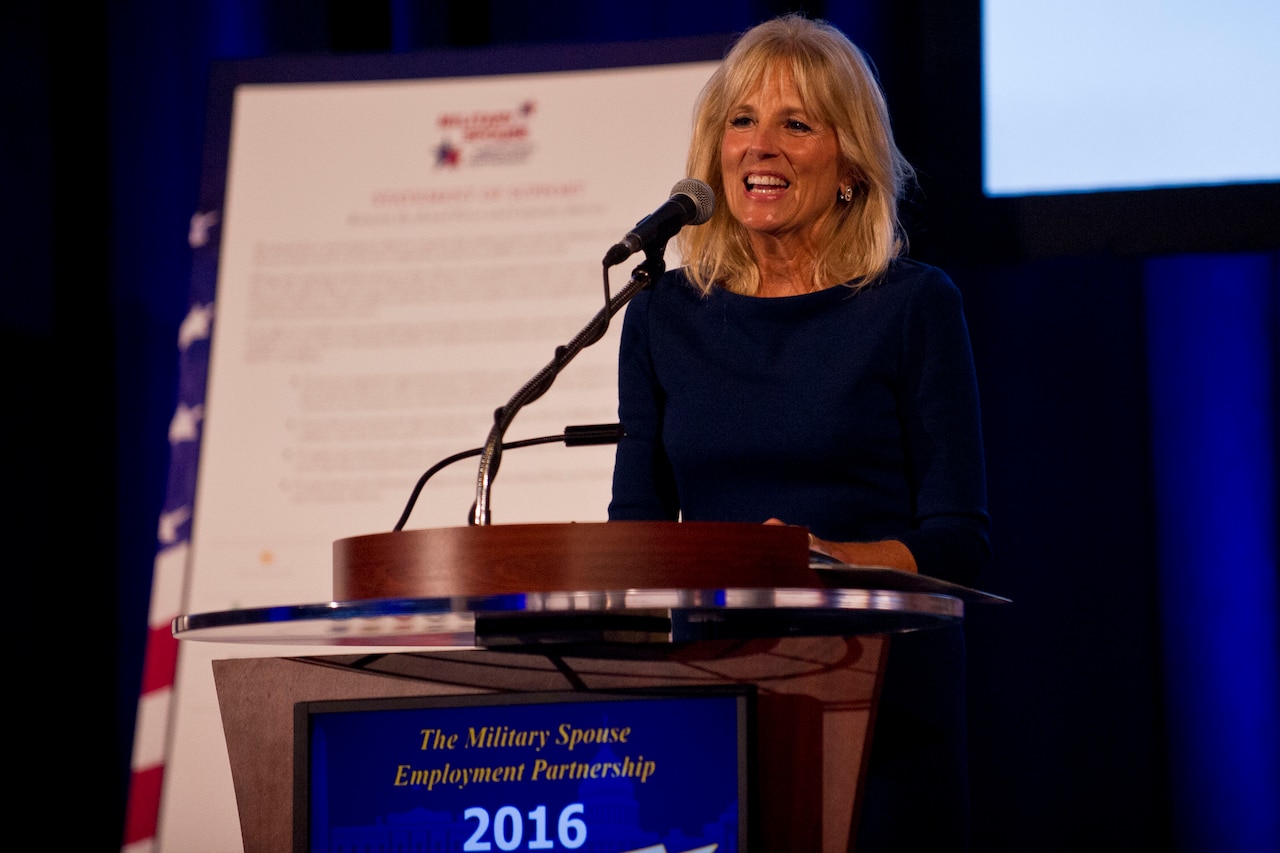 Dr. Jill Biden, the wife of Vice President Joe Biden, speaks at a Department of Defense Military Spouse Employment Partnership event in Washington, Oct. 17, 2016.  Biden, who helped to launch the initiative in 2011, applauded the 335 companies who have partnered with MSEP, as well as the 50 new businesses that were inducted as partners during the event. DoD photo by Lisa Ferdinando