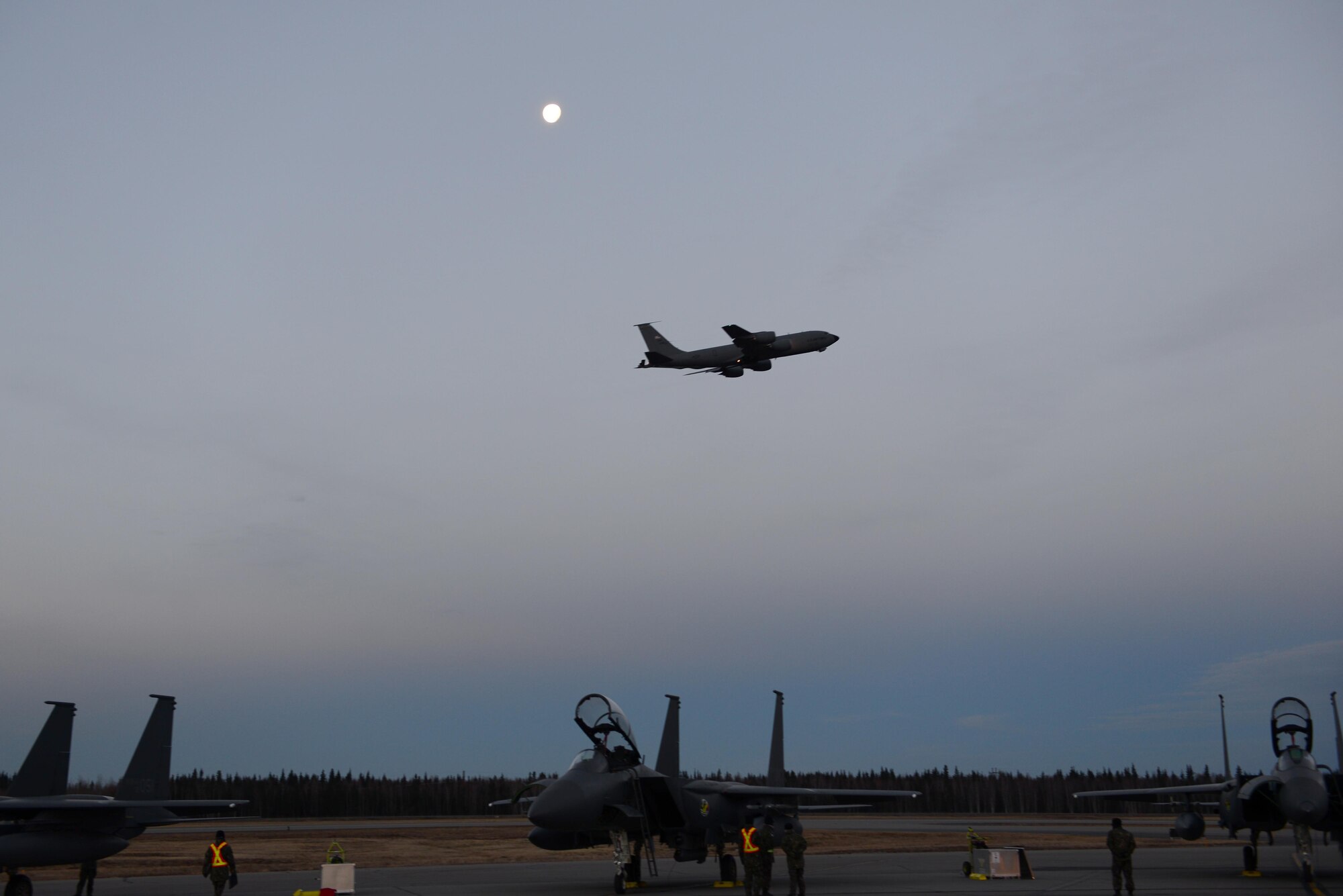 A U.S. Air Force KC-135 Stratotanker takes off from the Eielson Air Force Base, Alaska, flight line for a morning sortie Oct. 18, 2016, during RED FLAG-Alaska (RF-A) 17-1. This iteration of RF-A is the coldest of the calendar year with the daylight decreasing in Alaska by seven minutes a day. (U.S. Air Force photo by Airman 1st Class Cassandra Whitman)
