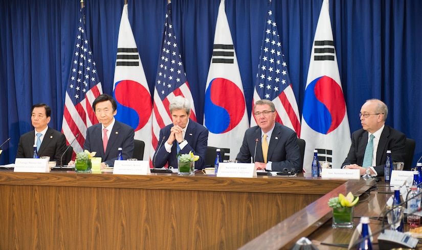 Defense Secretary Ash Carter speaks during the beginning of the U.S.-South Korea consultative talks at the State Department in Washington, Oct. 19, 2016. South Korean Defense Minister Han Min-koo, left, South Korean Foreign Minister Yun Byung-se and Secretary of State John Kerry also participated in the talks. DoD photo by Army Sgt. Amber I. Smith