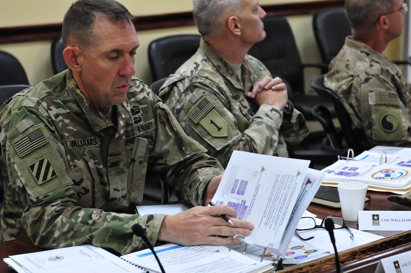 U.S. Army Central key personnel review joint targeting concepts and ideas during a targeting seminar at Camp Arifjan, Kuwait Oct. 12, 2016. The open forum seminar allowed key leaders to learn and discuss important strategies and doctrine concerning the concept of joint targeting. (U.S. Army photo by Sgt. Aaron Ellerman)