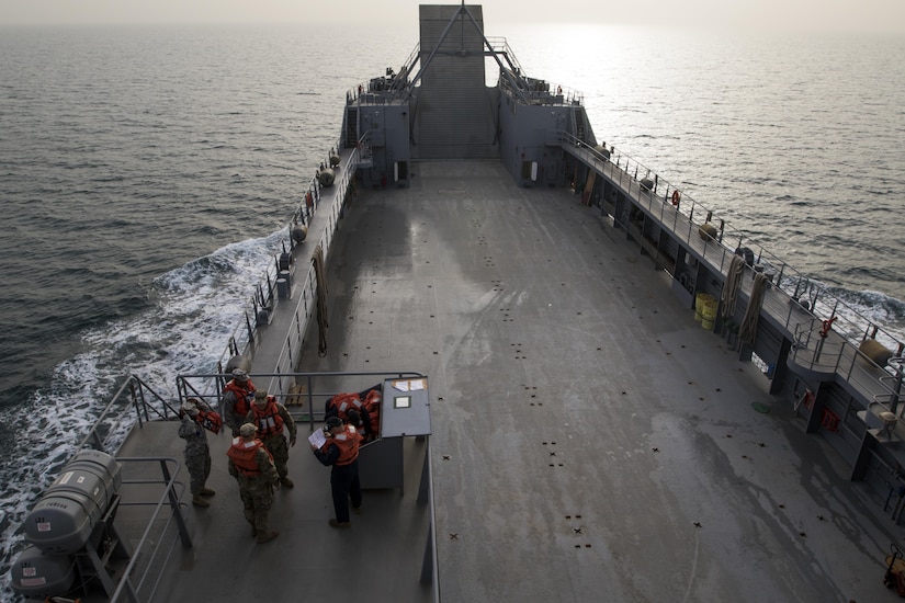 The 411th Transportation Detachment Soldiers aboard the MG Charles P. Gross (Logistics Support Vessel-5) practice their abandon ship drills during a range exercise in the Arabian Gulf, October 3, 2016. The ship, a logistics asset for U.S. Army Central, is responsible for transporting massive tonnage – up to 900 tons – on its deck anywhere in the world. (U.S. Army photo by Sgt. Brandon Hubbard, USARCENT Public Affairs)