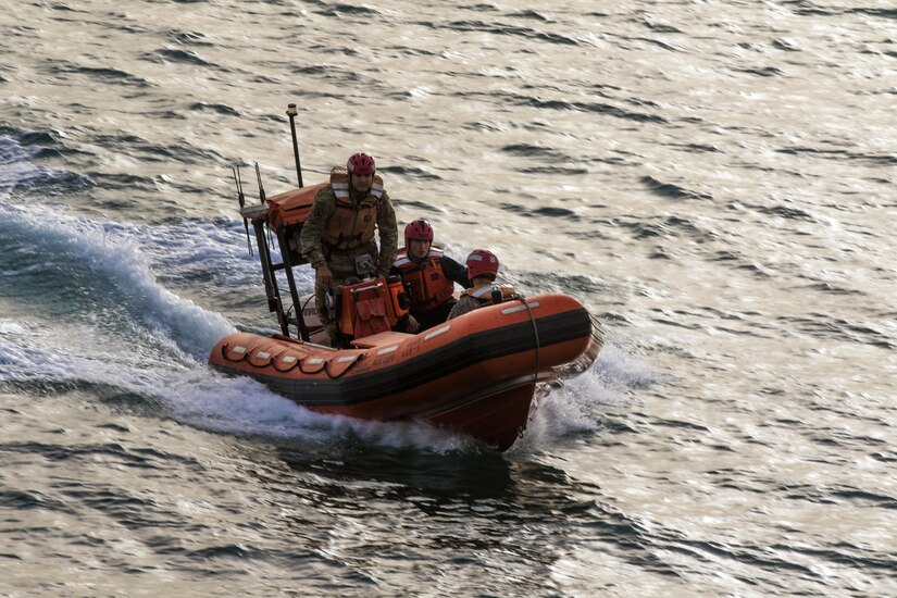 The 411th Transportation Detachment rescue crew from the the MG Charles P. Gross (Logistics Support Vessel-5) practices searching for a “man overboard” during its drills in the Arabian Gulf, Oct. 3, 2016. The Soldiers routinely prepare for all scenarios while moving up- to 900 tons of cargo for U.S. Army Central from Kuwait Naval Base to other nations in the Middle East.  (U.S. Army photo by Sgt. Brandon Hubbard, USARCENT Public Affairs)