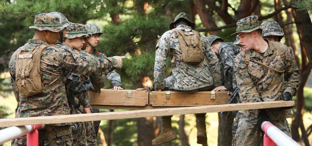 U.S. Marines with Combat Logistics Regiment 3, 3d Marine Logistics Group, III Marine Expeditionary Force, and Republic of Korea Marines work together to overcome an obstacle during a bilateral leadership reaction course at Camp Mujuk, Republic of Korea, October 14, 2016. The LRC is a course designed to provide formal leadership instruction while teaching participants to work together as a team. Bilateral training between the U.S. and partner nations strengthens interoperability and advances objectives that ensure regional stability and security.