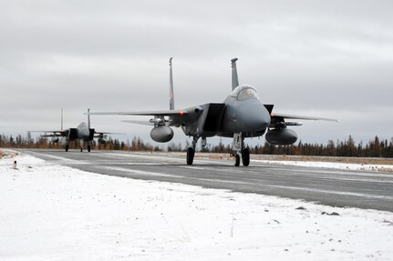 F-15 Eagles from the 142nd Fighter Wing arrive in Yellowknife, Northwest Territories, for Exercise Vigilant Shield 2017, Oct. 17, 2016.  Vigilant Shield 17 represents a unique opportunity to practice and hone joint interoperability and cooperation skills between Canada and the United States in order to protect borders as well as national interests.  (U.S. Air National Guard photo by Senior Master Sgt. Shelly Davison, 142nd Fighter Wing Public Affairs).