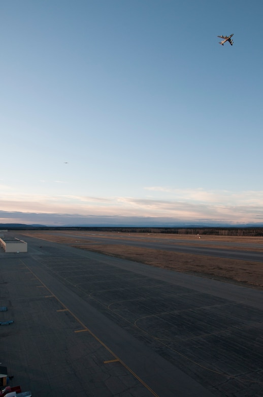 Thirty-four Airmen from the 168th Wing, Alaska Air National Guard return home from a 70+ day deployment to Southwest Asia, October 16, 2016. The two KC-135R Stratotankers performed a two-ship formation overhead as they crossed above the runways of Eielson AFB, Alaska, signifying the completion of their deployed mission. (U.S. Air National Guard photo by Senior Master Sgt. Paul Mann/Released)