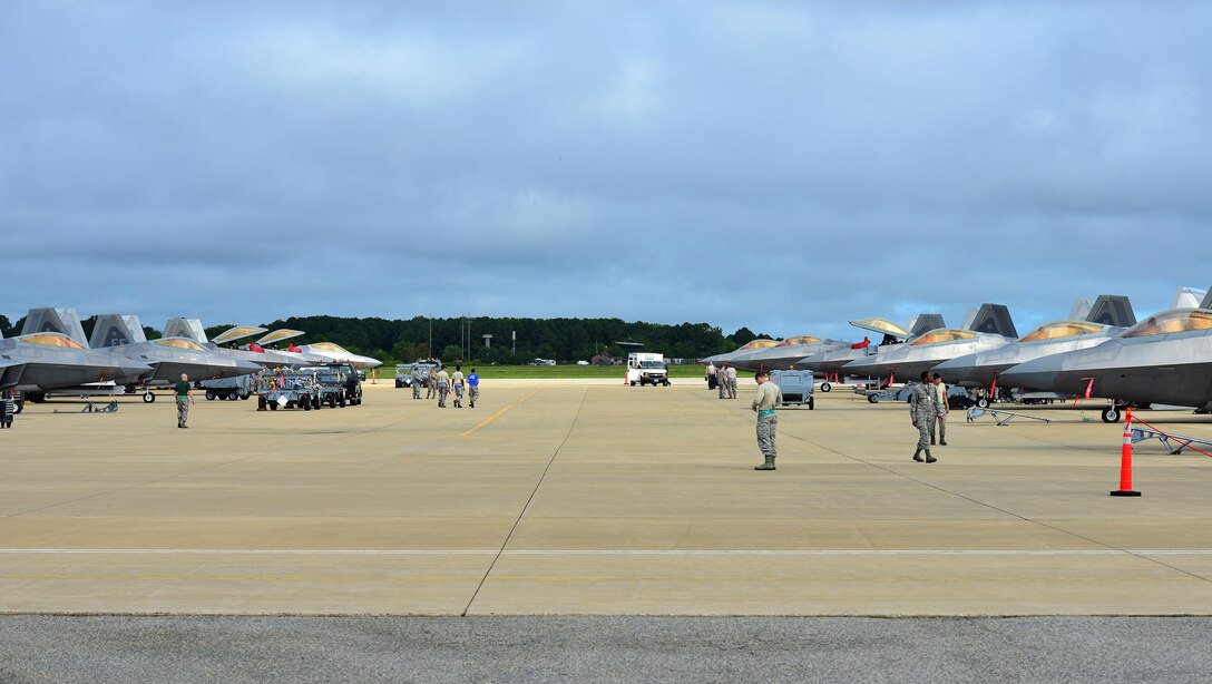 The 1st and 192nd Fighter Wings tests their ability to generate, deploy and sustain F-22 Raptor combat operations at a deployed location with minimum resources established at Joint Base Langley-Eustis, Va., Sept. 30, 2016. The exercise was conducted to test the readiness of the units to ensure they have the ability to deliver short notice air superiority world-wide. (U.S. Air Force photo by Airman 1st Class Tristan Biese)