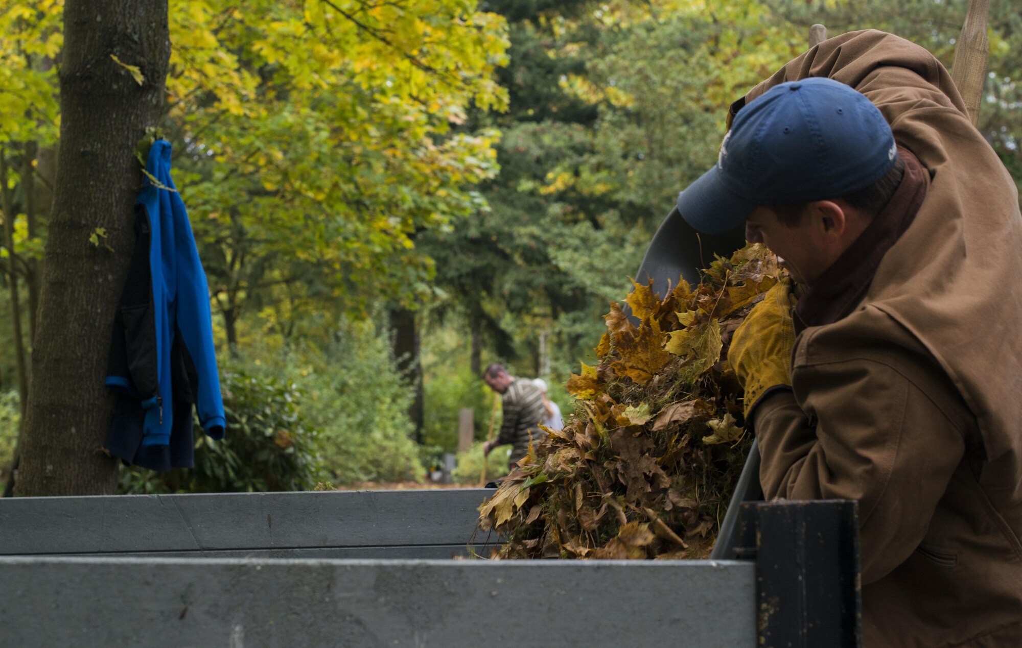 A volunteer from the 86th Operations Support Squadron dumps leaves into a bin at the American Kindergraves in Kaiserslautern, Germany, Oct. 15, 2016. The Kindergraves is home to over 450 infants who died at or shortly after birth at the Landstuhl Regional Medical Center from 1952 to 1971. (U.S. Air Force photo by Senior Airman Tryphena Mayhugh)