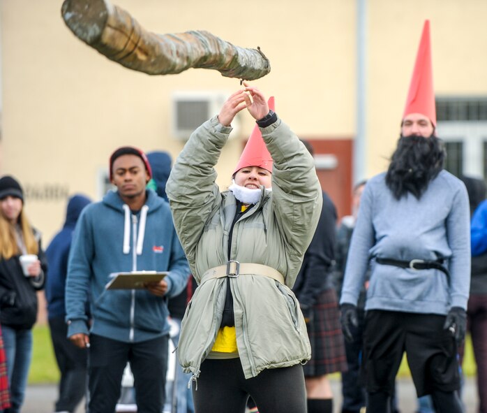 Senior Airman April Rascon, 24th Intelligence Squadron, competes in a caber toss event during the 693rd Intelligence, Surveillance and Reconnaissance Group’s 5th Annual Highland Games in Wiesbaden, Germany, Oct. 14, 2016. Airmen from the 693rd ISRG competed against each other during the event, which was designed to allow them the opportunity to connect with each other outside of the work environment. (U.S. Air Force photo by Staff Sgt. Timothy Moore)