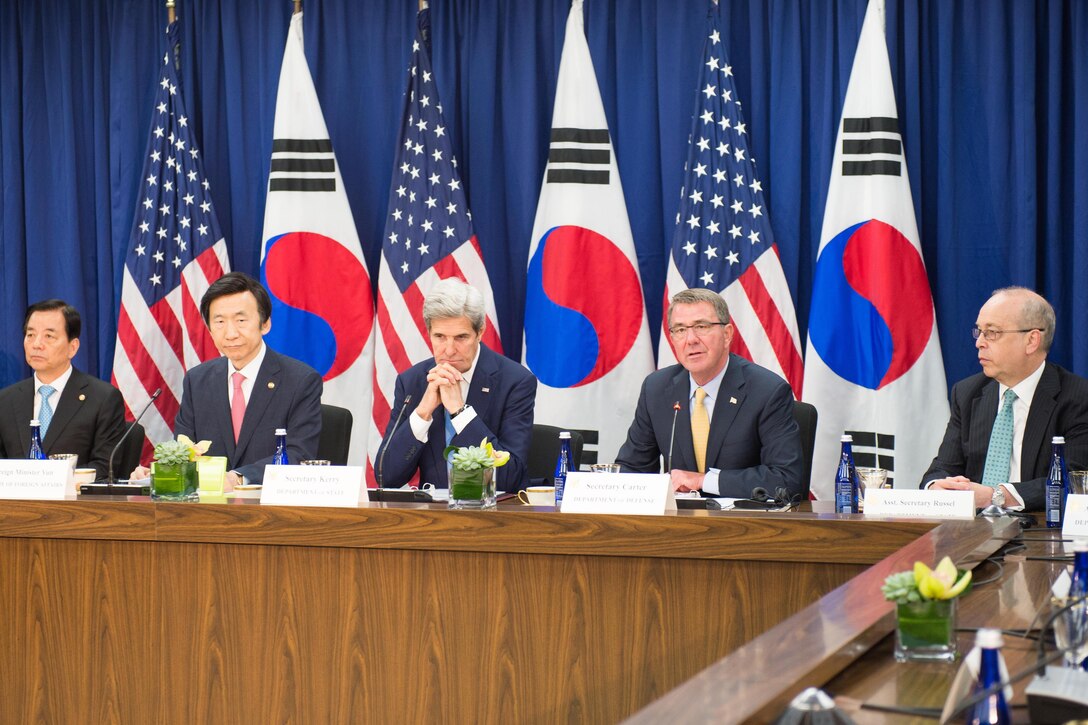 Defense Secretary Ash Carter speaks during the beginning of the U.S.-South Korea consultative talks at the State Department in Washington, Oct. 19, 2016. South Korean Defense Minister Han Min-koo, left, South Korean Foreign Minister Yun Byung-se and Secretary of State John Kerry also participated in the talks. DoD photo by Army Sgt. Amber I. Smith