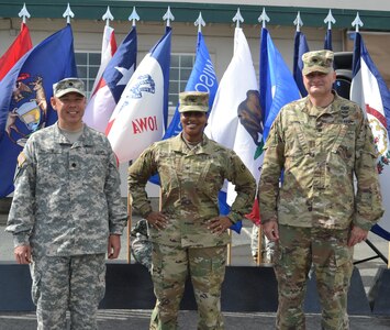 Lt. Col. Thomas J. Harzewski, incoming 483rd Terminal Battalion commander, Col. Toni A. Glover, 650th Regional Support Group commander, and Lt. Col. Kevin O. McKenzie, 483rd TC BN outgoing commander, were in attendance at a change of command ceremony at the Military Ocean Terminal Concord, October 15. Harzewski is currently a Lieutenant with the New Mexico State Police Investigations Bureau in Albuquerque, New Mexico.