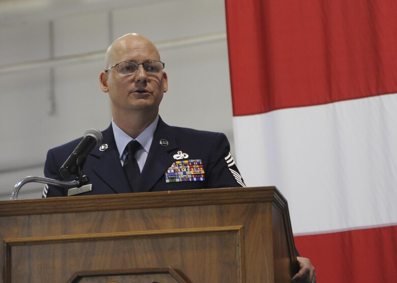 U.S. Air Force Chief Master Sgt. Brian Card, 442nd Aircraft Maintenance Squadron weapons flight chief, address the audience during his promotion ceremony at Whiteman Air Force Base, Mo., Oct. 15, 2016. Card enlisted in the Air Force while he was still in high school and began his career at Luke AFB, AZ. (U.S. Air Force photo/Senior Airman Missy Sterling)